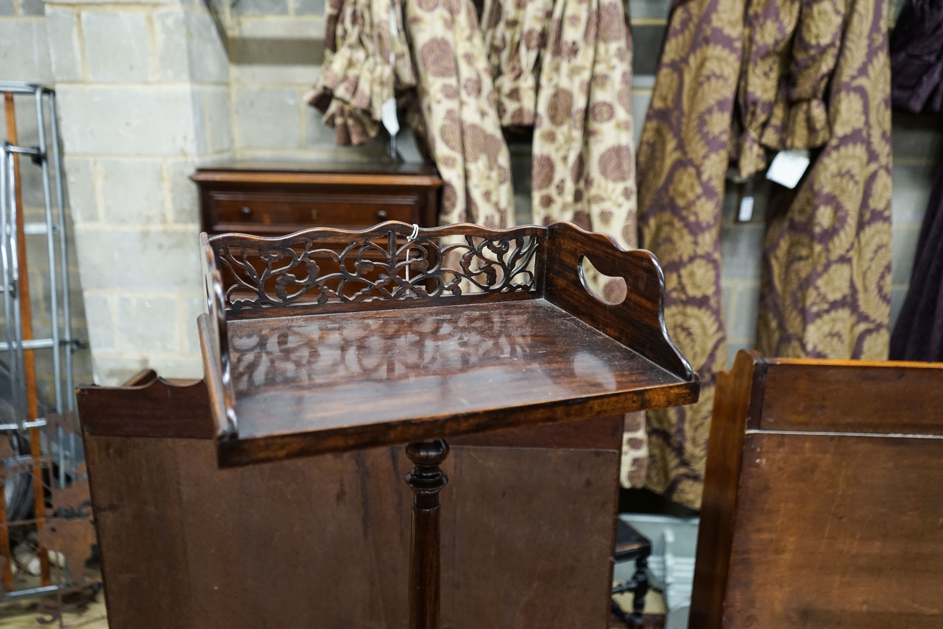 A William IV and later rosewood tray top bookstand, width 38cm, depth 27cm, height 90cm